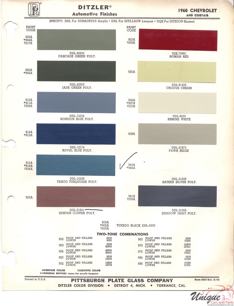 1960 Chev Paint Charts PPG 1